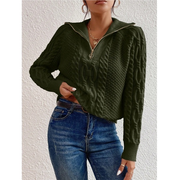 Army Green Cable Knit Zip Detail Pullover Sweater - Picture 3 of 7